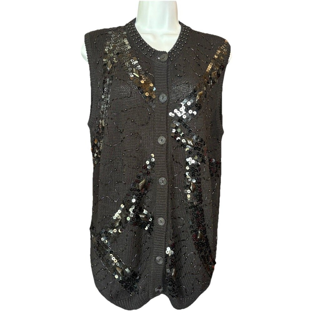 Vintage Western Connection Beaded Sequin Vest Black Ramie Cotton Knit Medium